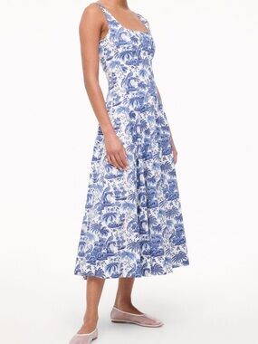 STAUD Blue & White Toile Print Wells Midi Dress | Size 10